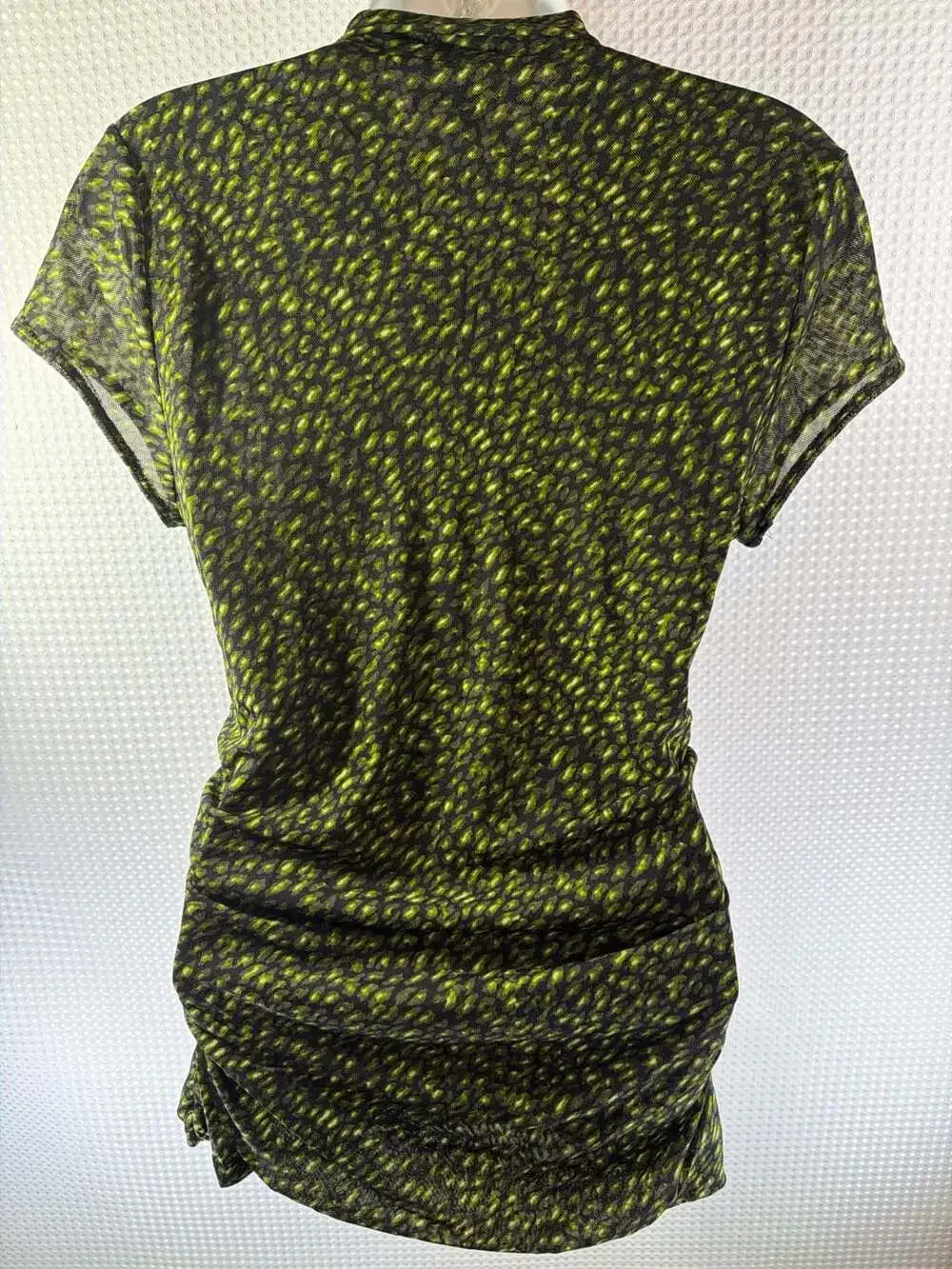 Chaus Green and Black Abstract Animal Print Mesh Mock Neck Ruched Top